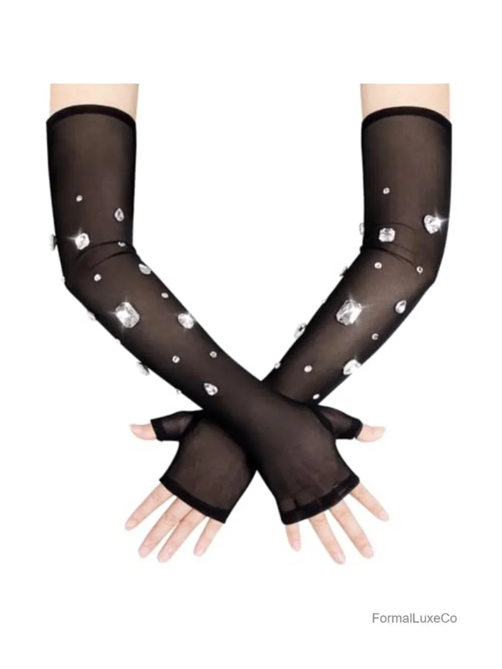 Long Mesh Fingerless Gloves with Sparkling Rhinestones for Wedding Opera Party